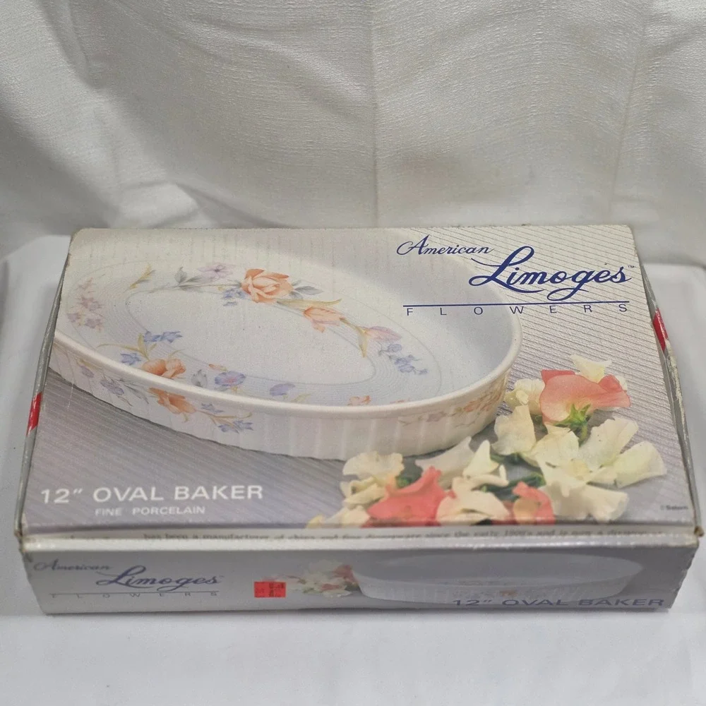 American Limoges Flowers 12 Inch Oval Baker Fine Porcelain Floral Casserole Dish